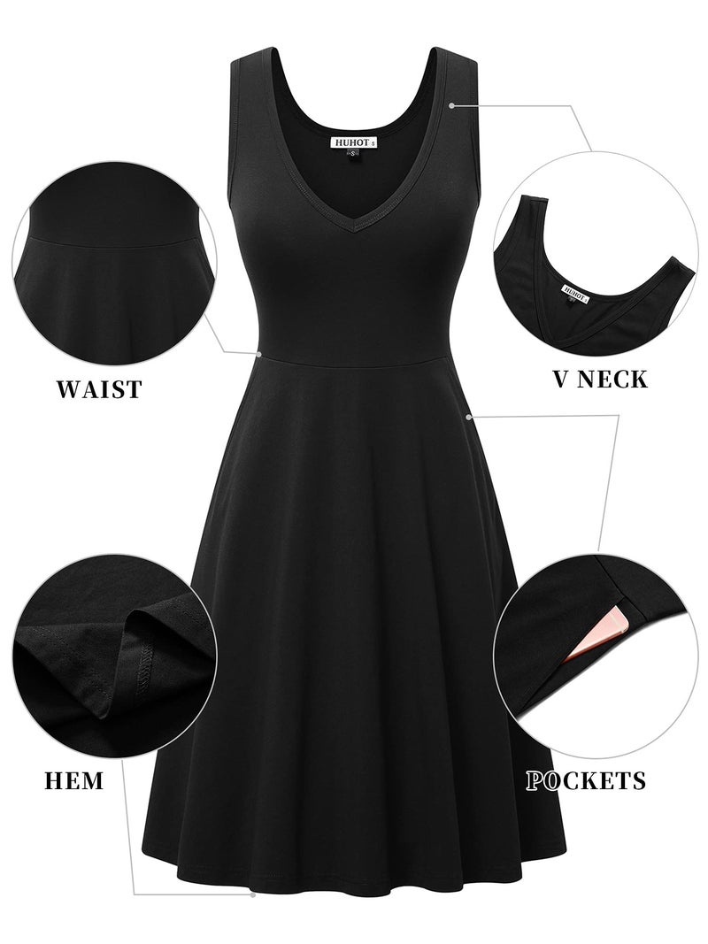 HUHOT Navy Dress for Women Spring Cotton Sleeveless Dress with Pocket Casual Flared Tank Dress - Image 3
